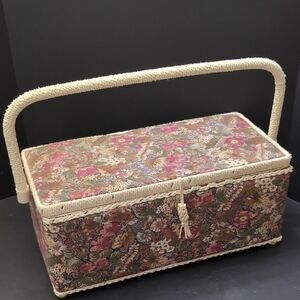 VGT,Floral Printed,Woven Handle,Rope Trim Pink/Cream Sewing Basket.